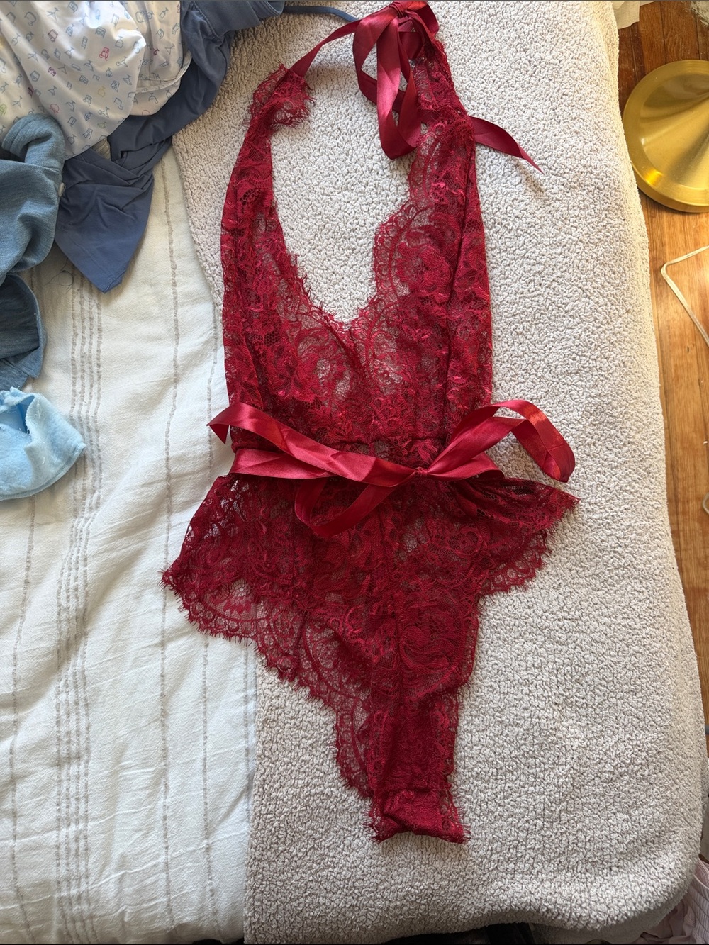 Sheer Lace Halter Chemise with Satin Ties - Burgundy
